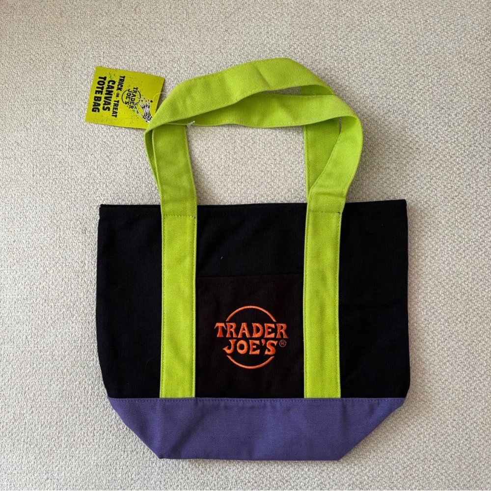 Trader Joe's Black and Purple Tote with Green Handles